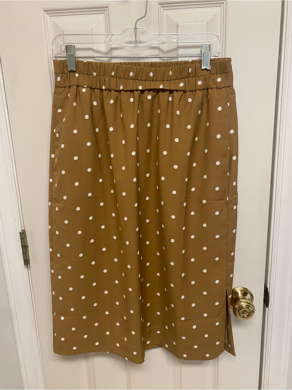 J. Crew Camel Midi Skirt with White Polka Dots - Picture 2 of 7